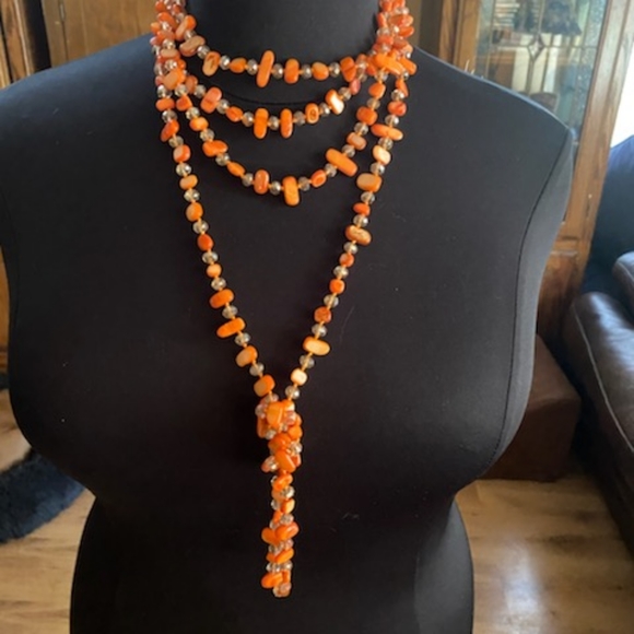 Orange Polished Stone Effect Beaded Necklace Set 2 Pieces - Picture 1 of 5